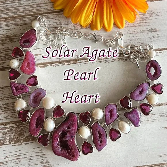 Solar Agate Pearl Heart Necklace Handmade Stone Gemstone 925 Silver Large Ethnic - Picture 15 of 15